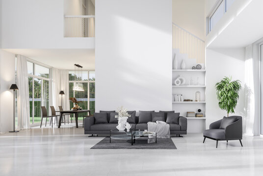Minimal style white high living and dining room with garden view 3d render There are gray fabric furniture blank wall for copy space sunlight into the room large glass window overlooking nature view.