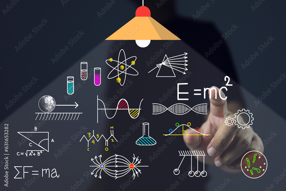 Wall mural scientist or university student is pointing on science icon under lantern light to study theory ener
