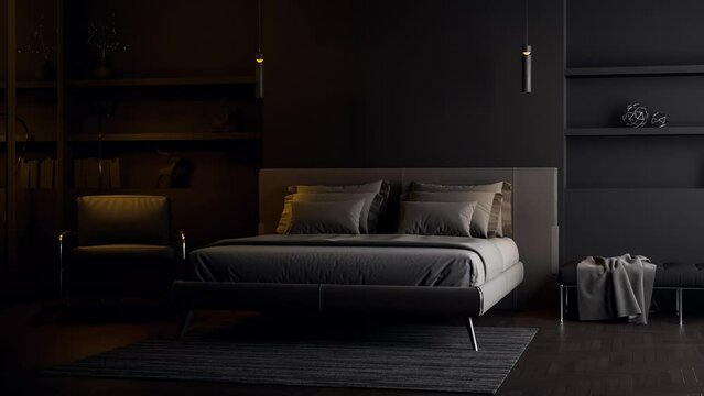 Animation of modern style mysterious and charming black bedroom interior with empty wall 3d render ,There are black wooden floor ,decorated with dark gray fabric and leather furniture