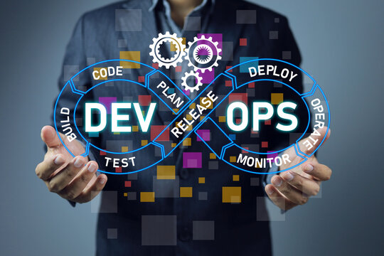 Data engineer or programmer is working with devops cycle. IT operations, high software quality and software development. Devops agile programming development concept.