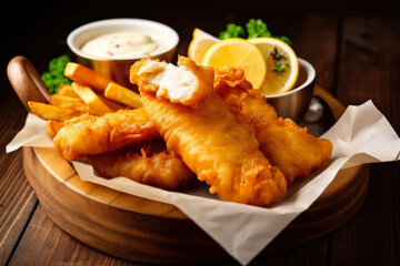 A plate of freshly made fish and chips, topped with a sprinkle of salt and accompanied by a side of creamy coleslaw, captured in an overhead shot.