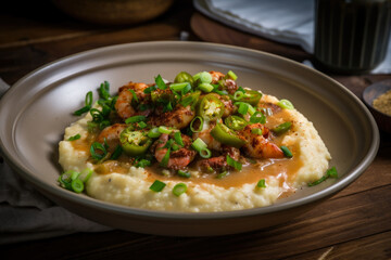 Fototapeta na wymiar A delicious plate of creamy, cheesy shrimp and grits with a twist of lemon and garlic, perfect for a savory Southern comfort food meal.