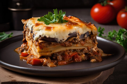 A savory and flavorful Greek cuisine dish, this moussaka features creamy layers of eggplant, potatoes, and seasoned ground meat, topped with a golden-brown crust and garnished with fresh herbs