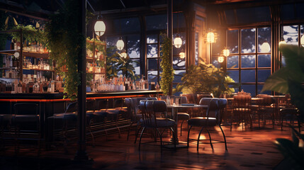 Fototapeta na wymiar Atmosphere of a modern cafe in the peaceful evening
