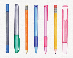 Set of pens and pencils, tools for writing drawing, isolated watercolor Vector illustration. school and office supplies stationery items