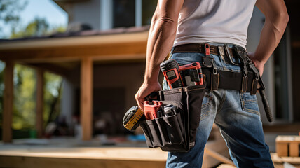 construction professional equipped with a tool belt against a house backdrop - obrazy, fototapety, plakaty