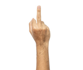 Cropped shot of men's hand showing middle finger isolated with white background. Hand sign of bad expression, provocation and rude attitude.