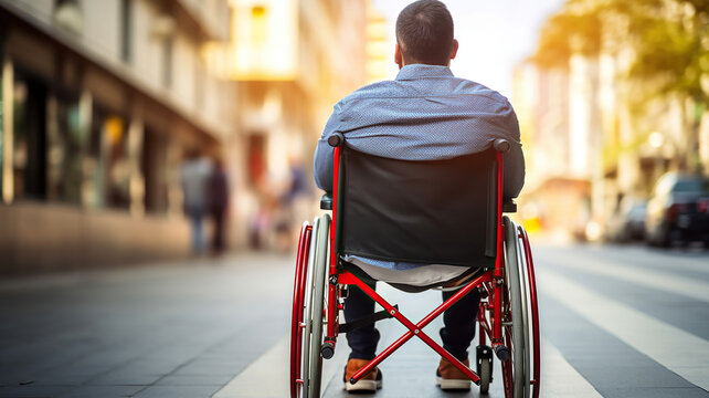 A man in a wheelchair is moving along the street with a blurred background
