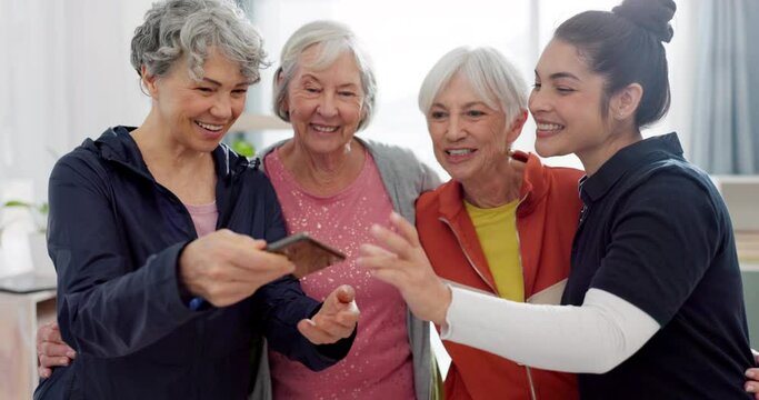 Senior woman, exercise group and selfie with personal trainer in home for smile, web blog and teamwork. Elderly lady, team memory or fitness coach for photography, profile picture or social media app