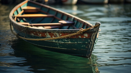 old wooden boat gently gliding on the water's surface