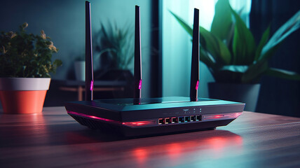 modem router on the table with the living room in the background