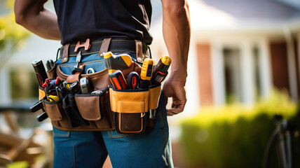 skilled construction worker wearing a tool belt against the backdrop of a house - obrazy, fototapety, plakaty