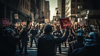A charged scene of protesters on streets holding placards, clashing with the police, epitomizing the fight for justice and equality. Generative AI