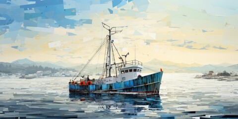 illustration of the fishing boat stopped quietly on the sea, generative AI