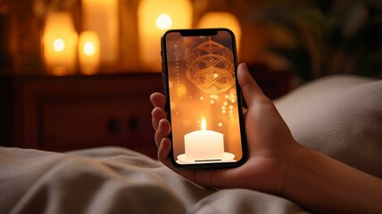 Person in spa holding smartphone with relaxation app - obrazy, fototapety, plakaty