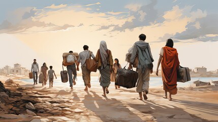 An image of uprooted families walking with their belongings, showcasing the migration crisis and the search for safety. Generative AI