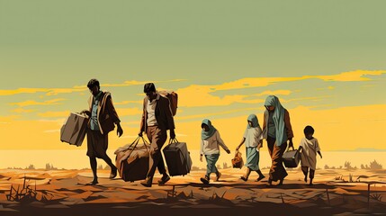 An image of uprooted families walking with their belongings, showcasing the migration crisis and the search for safety. Generative AI