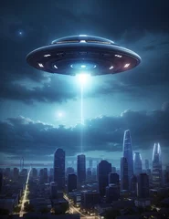 Zelfklevend Fotobehang Night City Enigmas: UFOs and Otherworldly Mysteries Illuminate Urban Skies © Peter