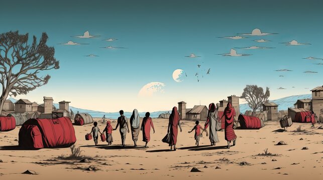 An image of uprooted families walking with their belongings, showcasing the migration crisis and the search for safety. Generative AI