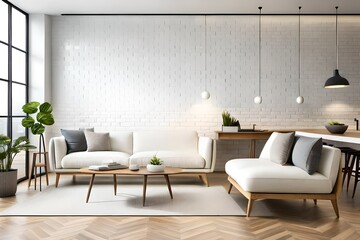 Urban jungle in bright living room interior with white sofa with knot pillows and wooden furniture, copy space on empty wall. Template