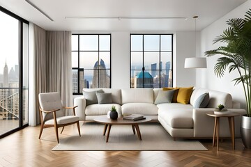 Fototapeta na wymiar Urban jungle in bright living room interior with white sofa with knot pillows and wooden furniture, copy space on empty wall. Template