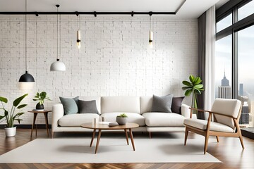 Urban jungle in bright living room interior with white sofa with knot pillows and wooden furniture, copy space on empty wall