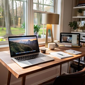 A home office setup, symbolizing the shift to remote work due to the COVID-19 pandemic. It emphasizes the change in work dynamics and the role of technology. Generative AI