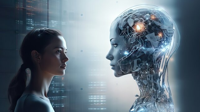 A futuristic depiction of a humanoid robot interfacing with technology. This reflects ongoing developments in AI, impacting industries from health to transportation. Generative AI