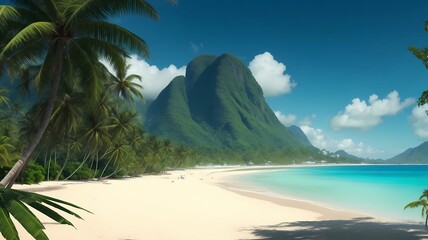 beautiful tropical beach with mountain and blue sky, generative Ai art