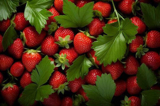 Strawberries with leaves top view background