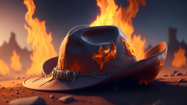 Cowboy hat in fire image illustration, generative Ai art