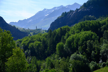 Fototapeta premium La Grave La Meije Ski off-piste resort, unique in Alps with single groomed slope on the glacier, freeride, view on peak La Meije, Massif des Ecrins, Hautes Alpes, France in summer
