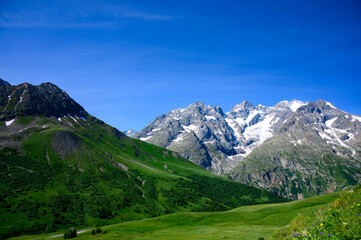 Mountains and alpine meadows views near Col du Lautaret, Massif des Ecrins, Hautes Alpes, France in summer