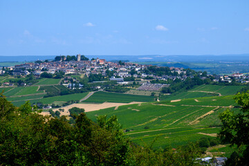 Fototapeta na wymiar View on hilly Sancerre Chavignol appellation vineyards, Cher department, France, overlooking iver Loire valley, noted for its white Sancerre dry savignon blanc wine.
