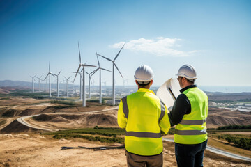Male and female engineer in uniform with helmet safety using laptop discussing inspection and maintenance of wind turbine in wind farm to generate electrical energy, Renewable power energy - obrazy, fototapety, plakaty