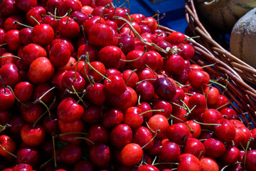 New season of ripe red sweet cherry summer fruits from Venasque, Luberon, cherry for sale on farmers market in Port Grimaud, Provence, France