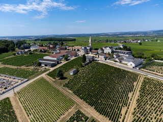 Fototapeta na wymiar Aerial view on Saint-Andelain hilltop village surrounded by vineyards part of Pouilly-Fumé wine region, Loire valley, central France