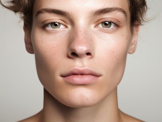 Obraz premium a closeup photo portrait of a beautiful tomboy girl with short hair. studio photo isolated on white background. serious looking straight in front camera. perfect for ad. Generative AI