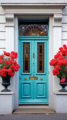 Fototapeta na wymiar Sleek modern style front door with some plants around it