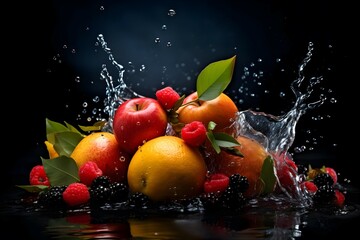 Fototapeta na wymiar Multiple fruits splash on top of water with black background fruit photography