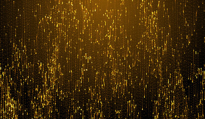 3D abstract digital technology orange-gold particles on red background.