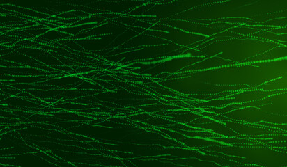 3D abstract digital technology green light particles wave on green background.