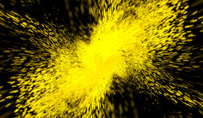 3D abstract digital technology particles fragmentation and mixing of yellow on black background.