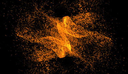 Fototapeta na wymiar 3D abstract digital technology particles fragmentation and mixing of orange on black background.