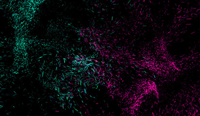 3D abstract digital technology particles fragmentation and mixing of green-pink on black background.