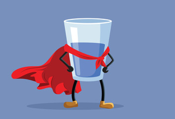 Superhero Water Glass Wearing a Red Mantle Cape vector Cartoon. Pure drinkable liquid in a transparent clear container 
