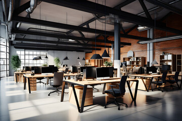 Fototapeta na wymiar modern industrial office interior design Idea with green plants teamwork office space interior design idea
