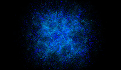 3D abstract digital technology particles fragmentation and mixing of blue on black background.