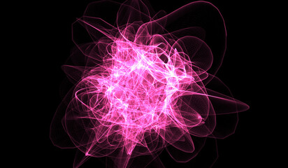 3D abstract digital technology particles fragmentation and mixing of pink on black background.