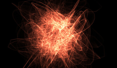 3D abstract digital technology particles fragmentation and mixing of orange on black background.